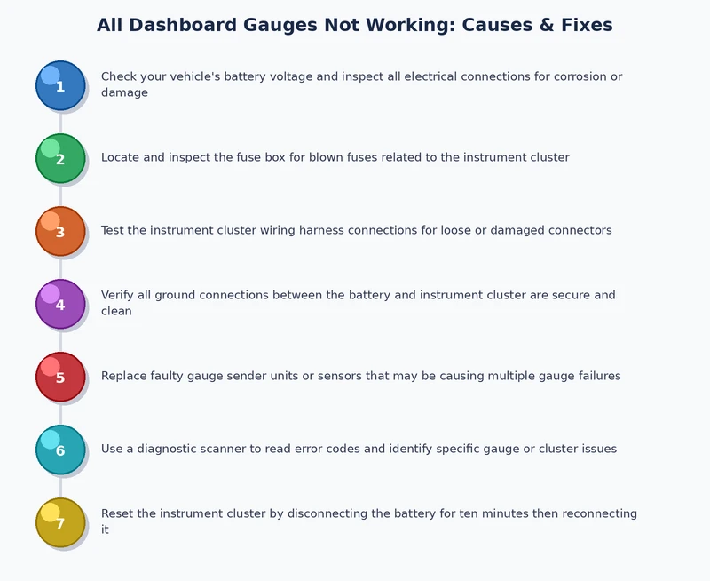 Step-by-step process diagram for diagnosing and fixing all dashboard gauges not working