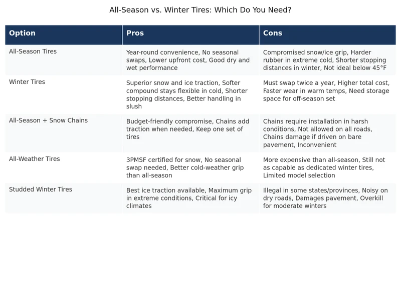 comparison diagram showing all-season vs winter tire tread sipe and rubber compound differences