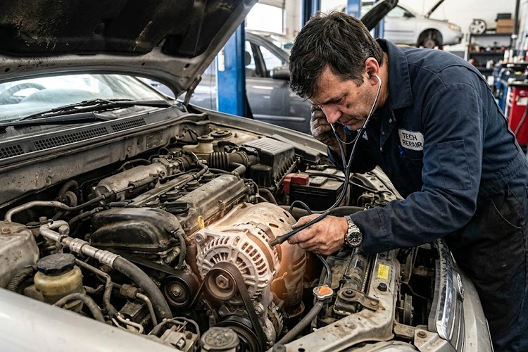 Automotive alternator with bearing assemblies and rectifier bridge exposed — common sources of alternator whining noise