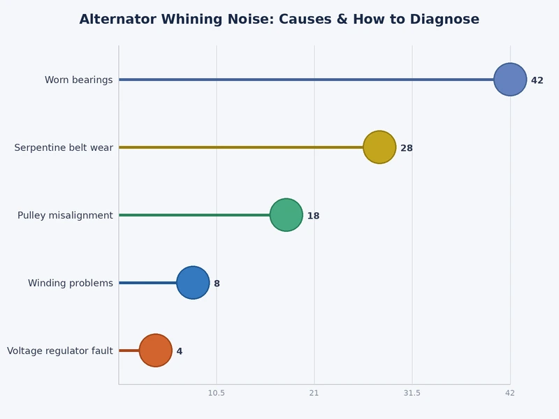 Diagnostic chart comparing alternator whining noise causes by acoustic character, RPM response, and load sensitivity