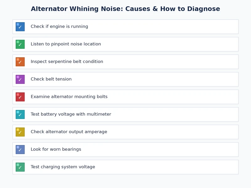Alternator whining noise diagnosis checklist covering acoustic tests, voltage measurements, and AC ripple testing steps