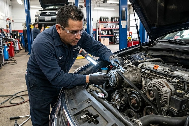 bad ac compressor symptoms visible on automotive HVAC compressor unit under hood