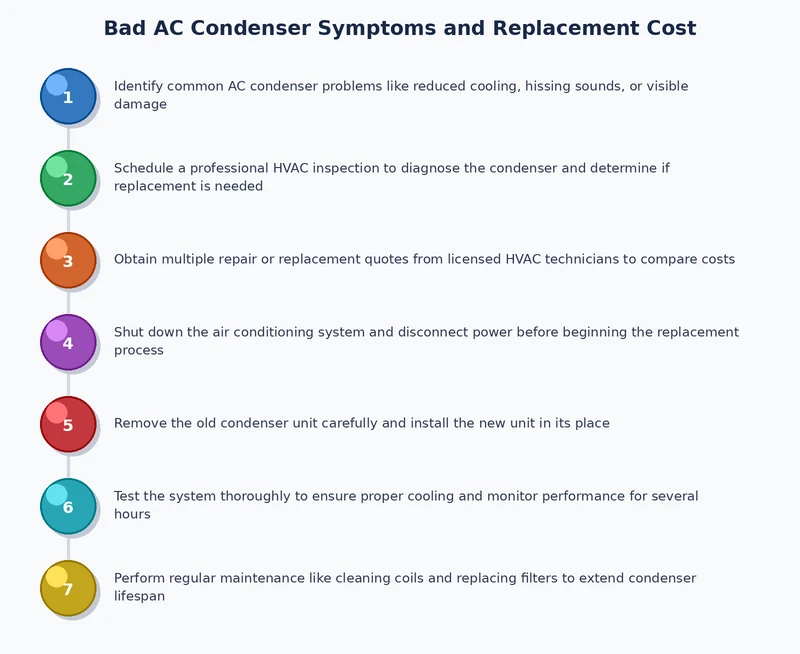 AC condenser replacement process diagram showing inspection diagnosis removal and installation steps