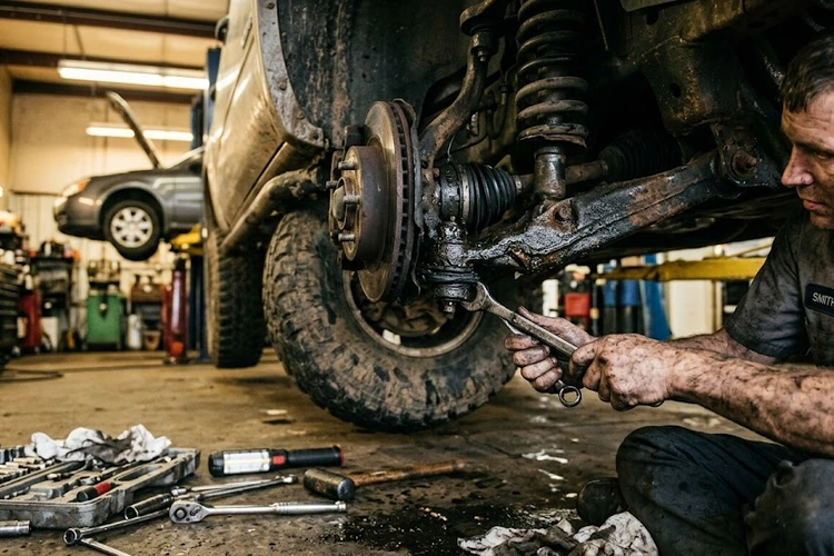 Close-up of a worn ball joint showing bad ball joint symptoms on a car suspension control arm