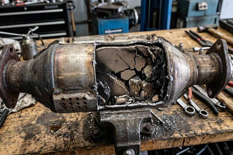 bad catalytic converter symptoms illustrated under a vehicle chassis