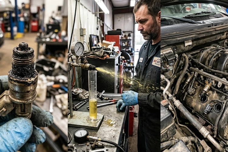 Removed fuel injector with clogged nozzle tip showing bad fuel injector symptoms