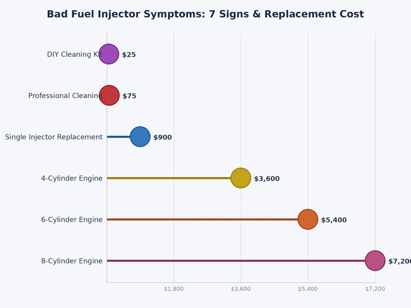 Bar chart ranking the seven bad fuel injector symptoms by reported frequency among vehicle owners