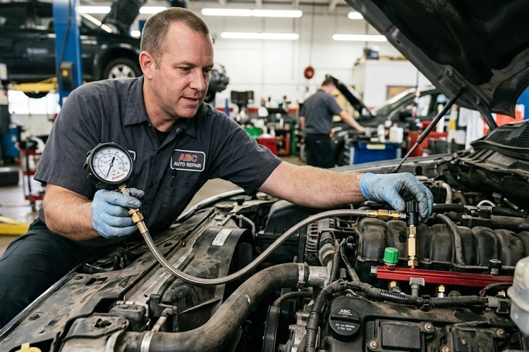 bad fuel pump symptoms — mechanic inspecting fuel system components under vehicle hood