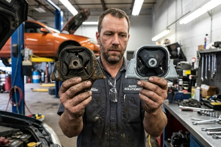 Cracked and worn motor mount showing bad motor mount symptoms including rubber deterioration