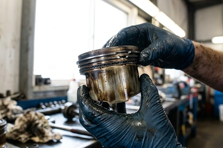 close-up of worn piston rings removed from an engine cylinder showing scoring and gap damage