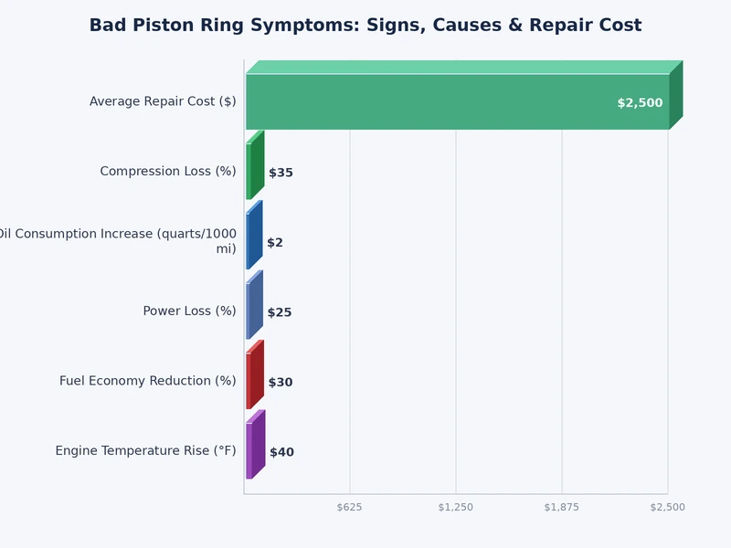 bar chart comparing symptom severity levels for bad piston ring symptoms across compression loss, oil consumption, and smoke output