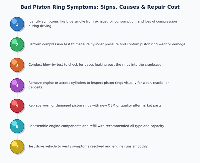 step-by-step process diagram for diagnosing bad piston ring symptoms using compression and leak-down tests