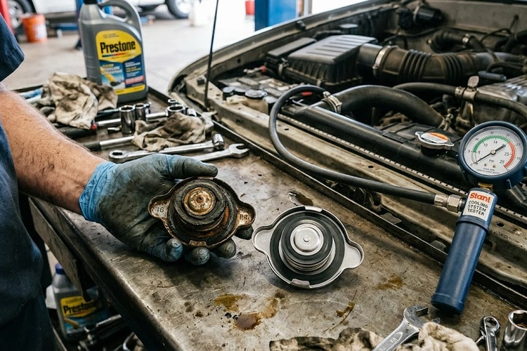 Mechanic inspecting a radiator cap showing bad radiator cap symptoms on an open engine bay