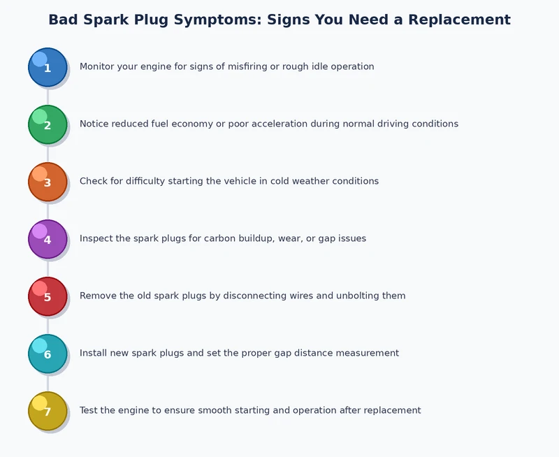 Step-by-step spark plug replacement process diagram with required tools at each stage