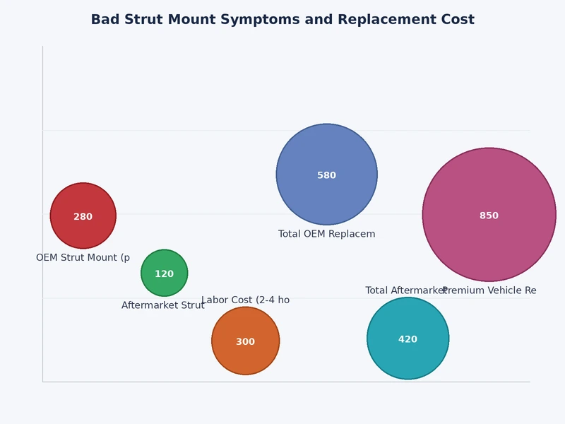 Bar chart comparing bad strut mount symptoms by reported frequency and severity across vehicle types