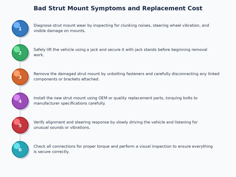 Step-by-step process diagram for diagnosing bad strut mount symptoms using bounce test and steering sweep