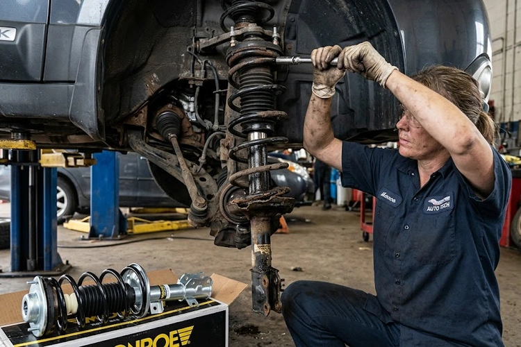 mechanic identifying bad strut symptoms including oil streak on strut body