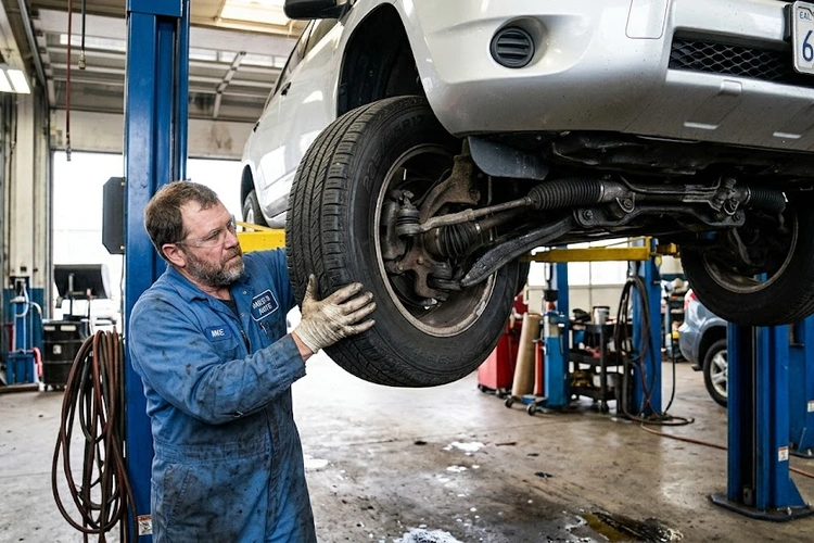 Worn tie rod end showing bad tie rod end symptoms including cracked protective boot and worn ball joint