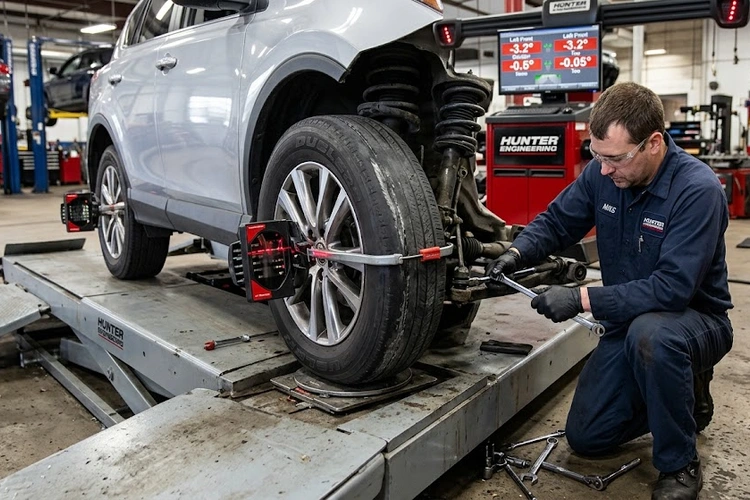 mechanic inspecting bad wheel alignment symptoms on a vehicle alignment rack