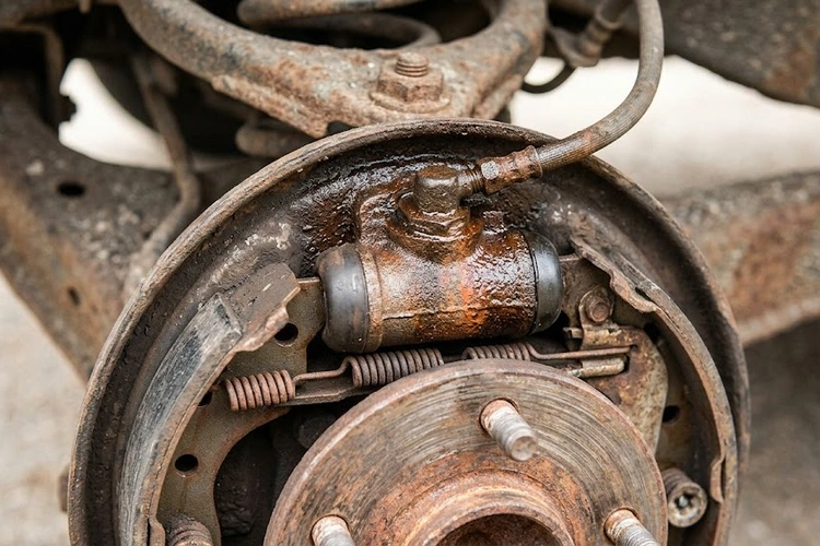 Corroded wheel cylinder with brake fluid seeping past the dust boot — a classic sign of bad wheel cylinder symptoms