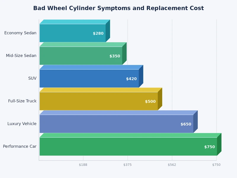 Bar chart showing relative frequency of bad wheel cylinder symptoms including soft pedal, fluid leak, pulling, and warning light