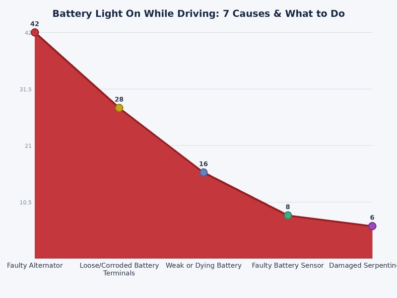 bar chart showing 7 causes of battery light on while driving ranked by frequency