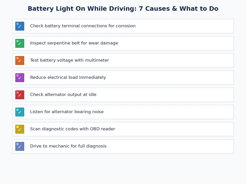 diagnosis checklist for battery light on while driving — steps covering multimeter test, belt inspection, and alternator load test