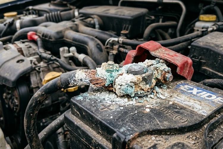 Close-up of white and blue-green battery terminal corrosion buildup on car battery posts and cable clamps