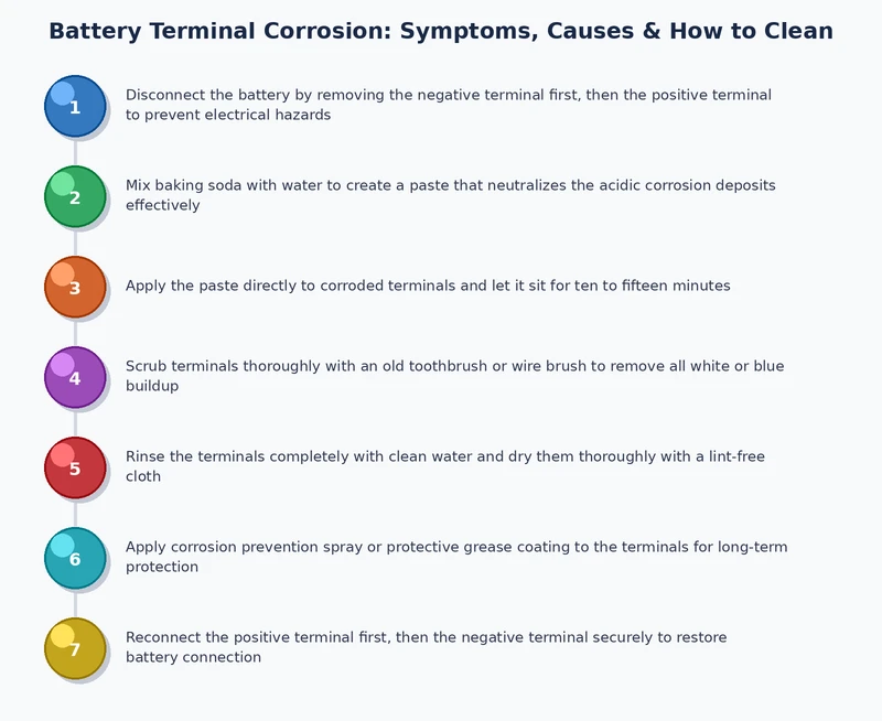Step-by-step process diagram for cleaning battery terminal corrosion safely with baking soda, wire brush, and anti-corrosion spray