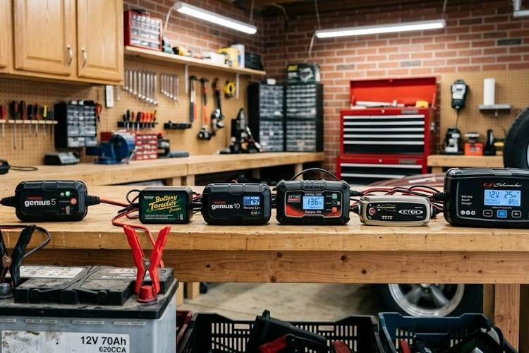 best car battery charger connected to a 12V lead-acid battery in a garage