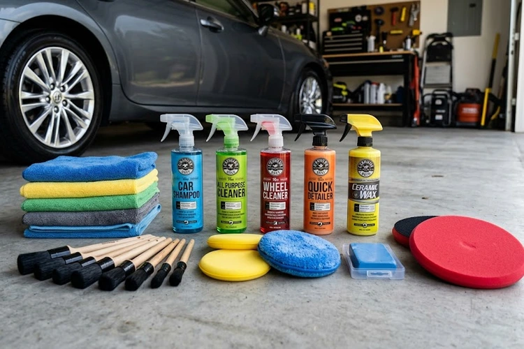 A complete car detailing kit laid out on a clean surface showing microfiber towels, applicator pads, spray bottles of cleaner and wax, a detailing brush set, and a foam pad, organized neatly for display.