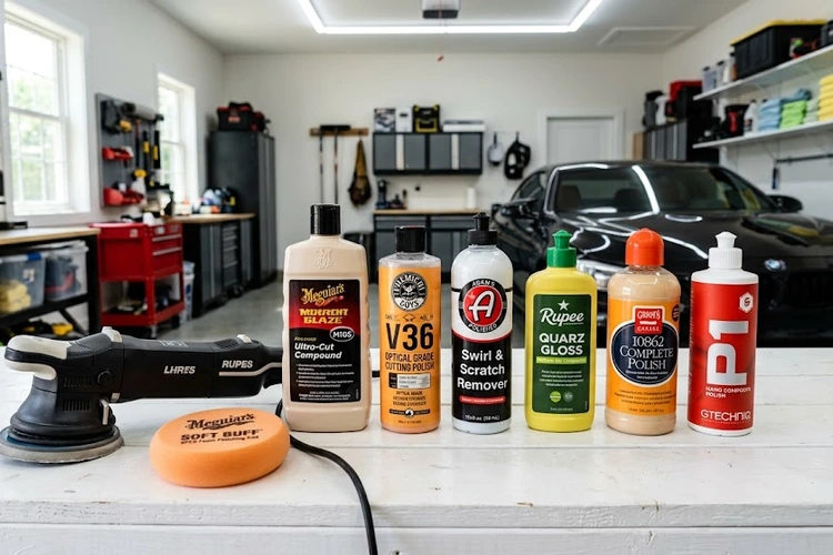 Best car polish products lined up on a garage workbench ready for testing