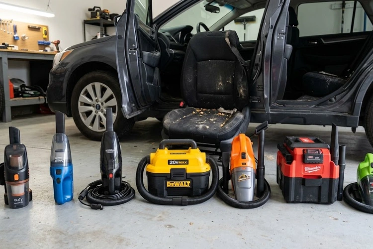 Best car vacuum in use on a car interior floor mat removing embedded dirt