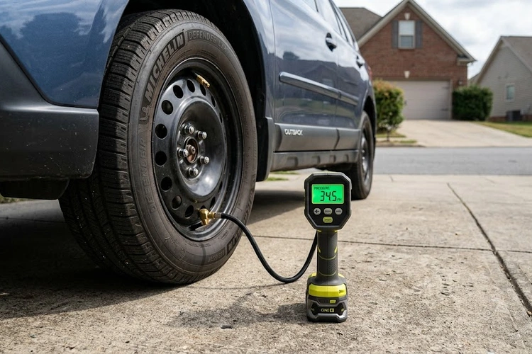 best portable tire inflator connected to a car tire valve stem in a garage
