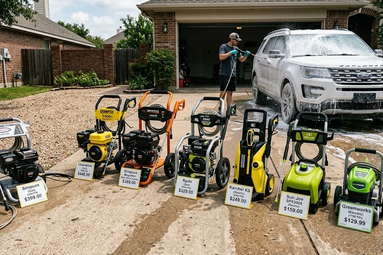 Best pressure washer for car washing directed at a dirty vehicle door panel
