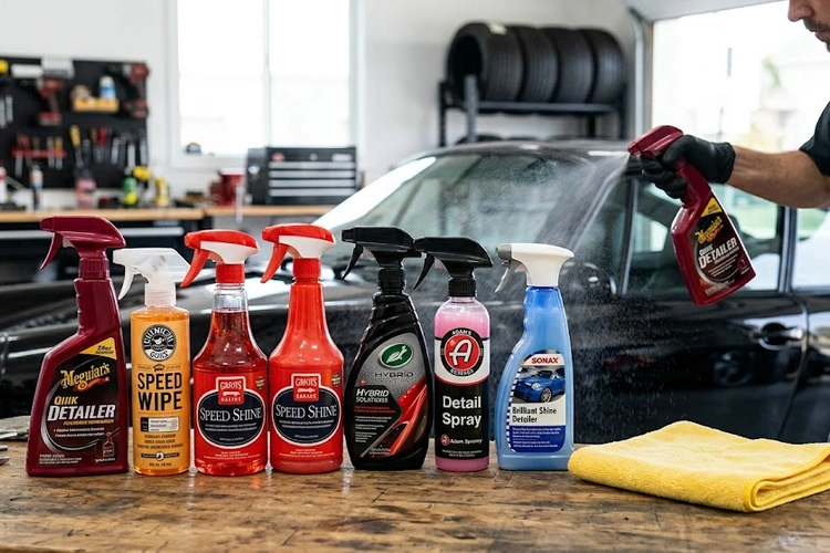 best quick detailer spray bottles lined up on a car hood ready for testing