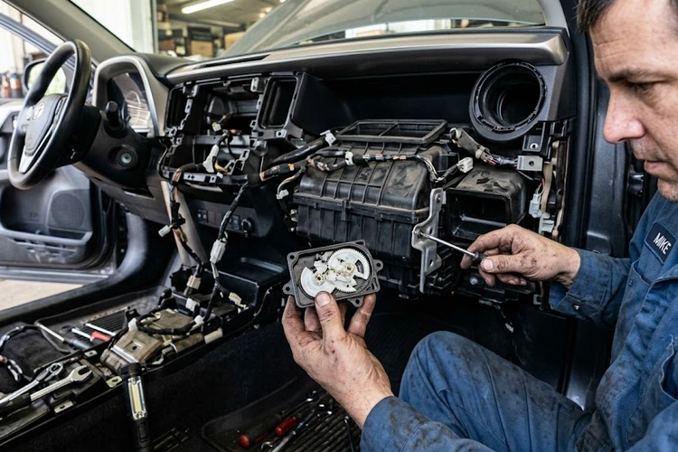 blend door actuator location behind dashboard showing HVAC box and plastic flap assembly