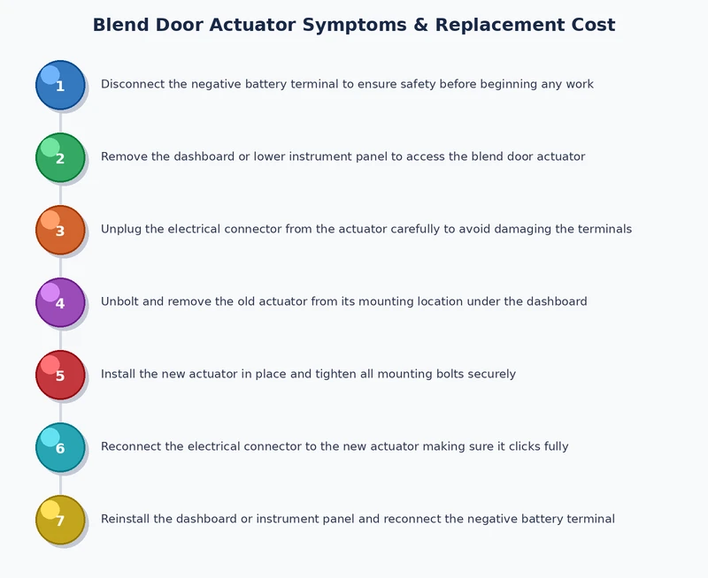 blend door actuator replacement process diagram showing steps from symptom diagnosis to post-install recalibration