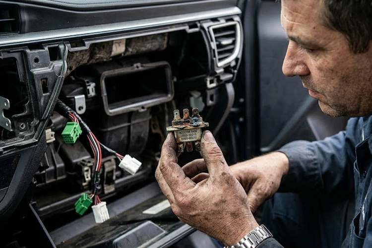 Blower motor resistor symptoms: burned resistor body and damaged wiring connector in car HVAC system