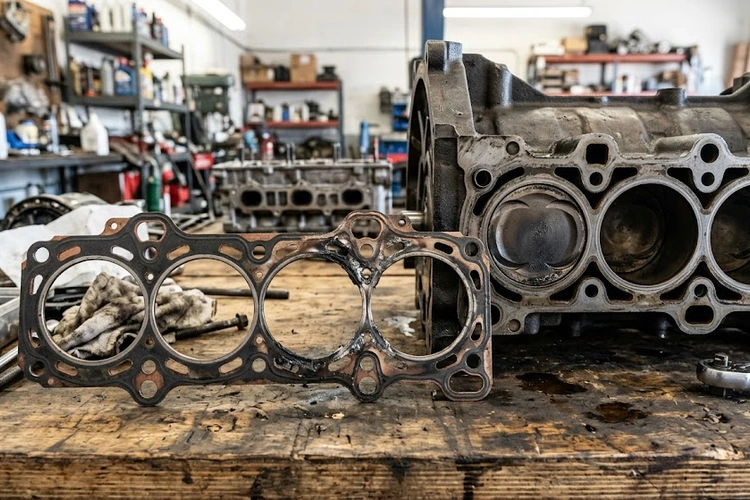 Blown head gasket symptoms including white exhaust smoke and milky oil visible on dipstick