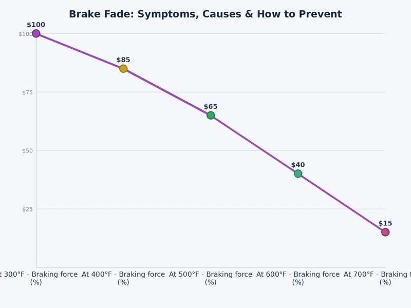 Chart comparing friction fade vs fluid fade — temperature thresholds, causes, and typical driving conditions that trigger each type