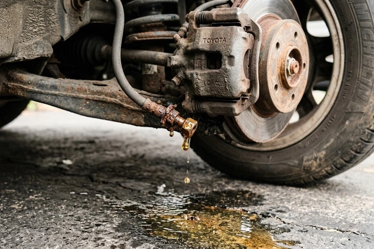 Brake fluid leak symptoms — clear amber puddle of hydraulic fluid near vehicle wheel
