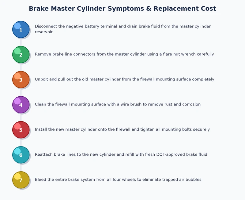 Step-by-step process diagram for diagnosing brake master cylinder symptoms from visual inspection through the static pedal test