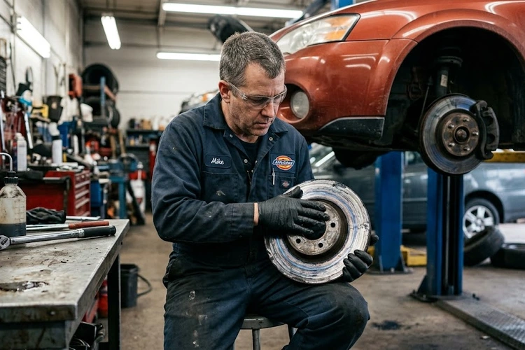 Close-up of a brake rotor and caliper assembly showing surface wear patterns associated with brake pedal pulsating