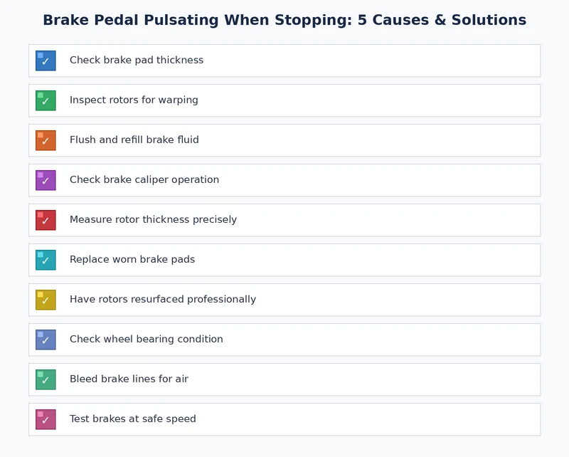 Diagnostic checklist for brake pedal pulsating covering rotor inspection, bearing check, caliper test, and ABS verification