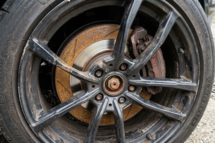 Brake rotor surface rust on a cast iron disc brake rotor showing orange oxidation on the friction surface