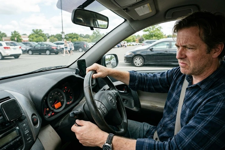 Close-up of worn brake pads and a scored rotor illustrating common brake squealing causes