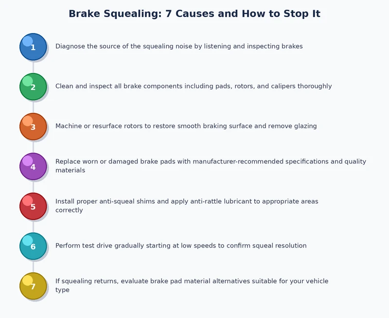 Step-by-step process diagram for diagnosing brake squealing causes on a passenger vehicle