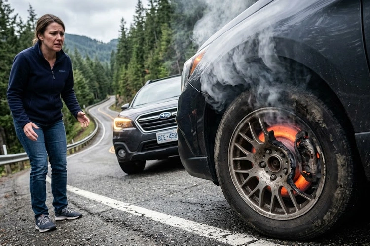 Heat-discolored brake rotor and caliper assembly illustrating the cause of burning smell from brakes