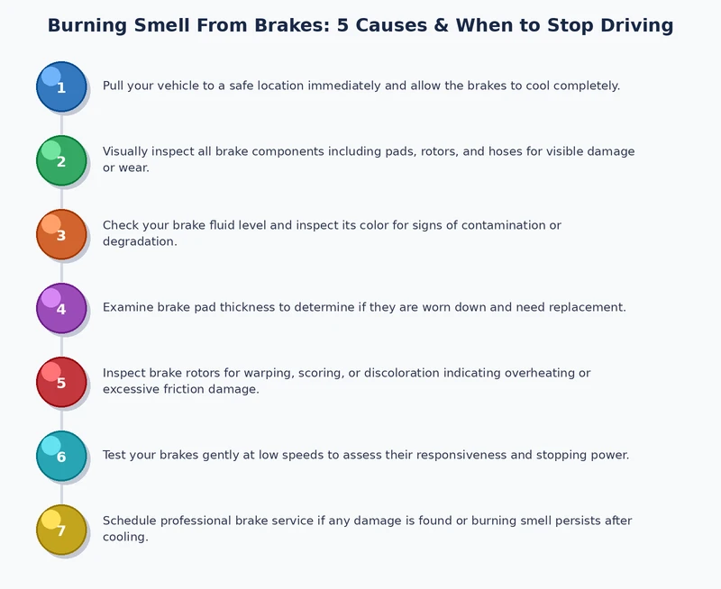 Step-by-step diagnostic process diagram for identifying the cause of a burning smell from brakes